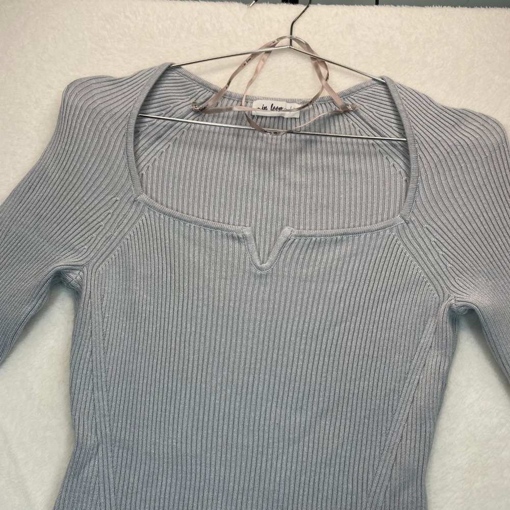 Y2K In Loom Bodysuit Women L Blue Ribbed Knit Sweetheart‎ Bodycon Square Neck